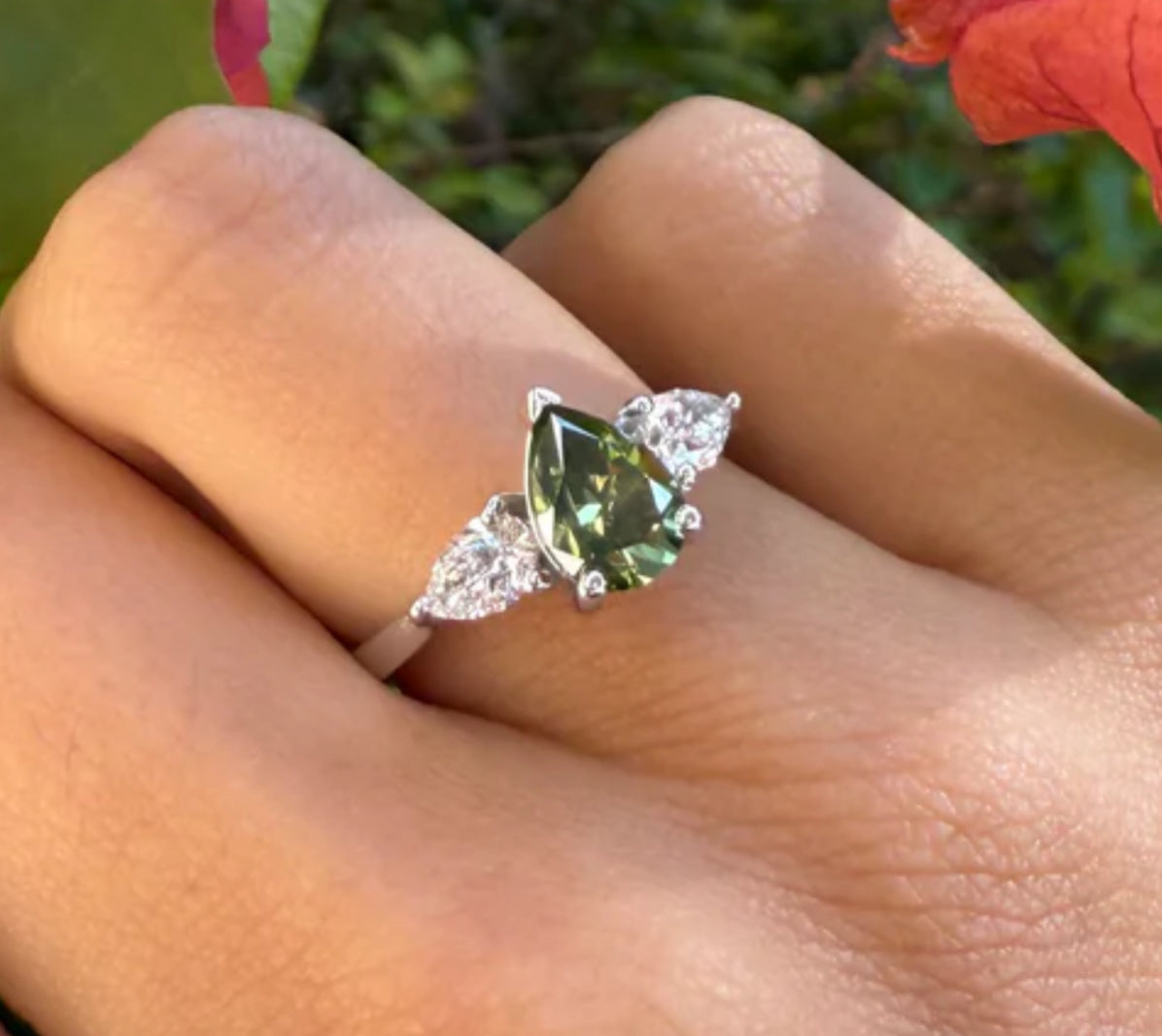 3 Stone Green Pear Engagement Ring