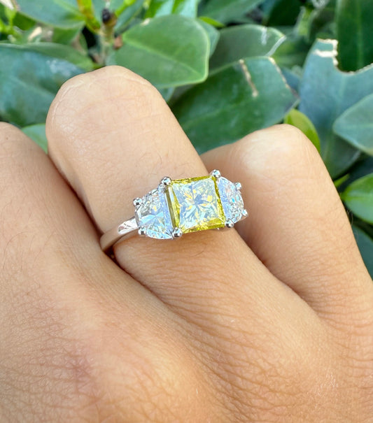 3 Stone Yellow Princess Cut Engagement Ring